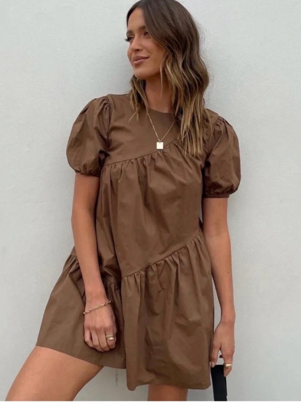 Princess Polly Brown Puff-Sleeve Tiered Mini Dress